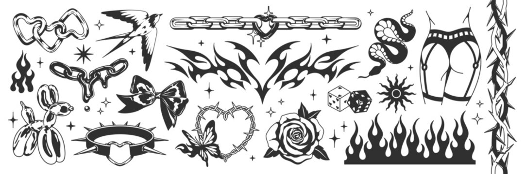 Tattoo art signs of 2000s style. Y2k aesthetic set. Vintage symbols, fluid goth chain, heart, rose, flame, bow, bird, balloon dog, butterfly, dice, blackthorn, snake. Vector tattoo line stickers.