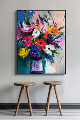 A contemporary artistic print displaying a lively arrangement of oil pastel flowers in modern room