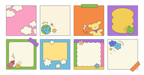 Kid cute notebook sheets with childish elements. Simple scribble vector elements of social media post with dog, planet, star, pencil, cloud, flower, frame, arrow, stroke. Frame or post template.