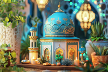 Obraz premium Ramadan Kareem with miniature mosque on a wooden table with plants.