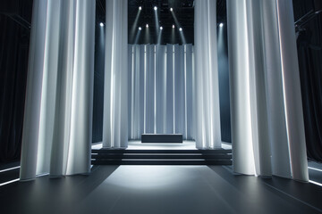 A modern, elegant stage setting with a black podium and white pillars, exuding grandeur and sophistication under dramatic lighting. - obrazy, fototapety, plakaty