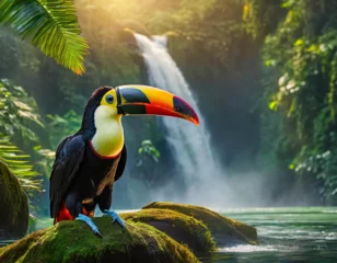 Papier peint Toucan adorable toucan with black plumage and colorful beak sitting on stone near mighty waterfall in rainforest