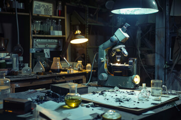 A makeshift laboratory deep within the bunker, featuring a mix of scientific instruments and broken glassware.