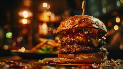 Close Up von einem köslichen Burger im Ambiente in 16:9