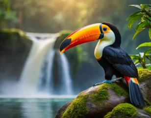 Poster adorable toucan with black plumage and colorful beak sitting on stone near mighty waterfall in rainforest © Artur