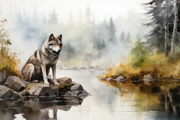 A watercolor painting of a wolf on the edge of a pond amidst the mist.