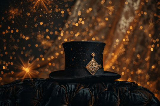 Solitary top hat adorned with a golden square and compass emblem, placed on a velvet cushion against a backdrop of shimmering stars.