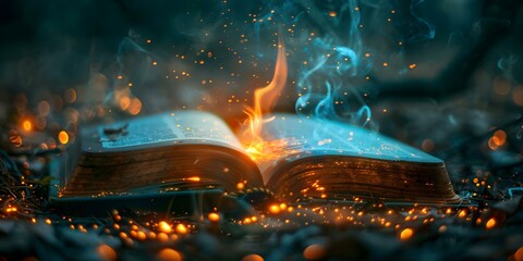 "A mystical flame emanating from an open book against a dark backdrop". Concept Fantasy Photography, Magical Imagery, Book of Spells, Mystical Lighting, Dark & Mysterious