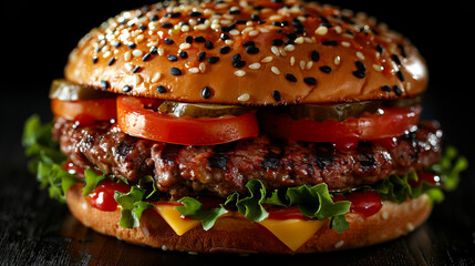 Fresh tasty burger on the table on a dark background. Juicy fast food. Food concept.