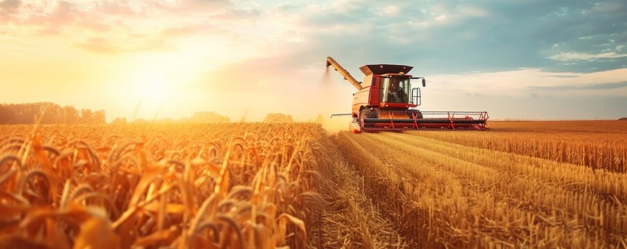 Modern combine or harvester in sunny backlight on gold field.