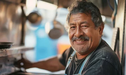 Foto auf Acrylglas Happy mexican man in hat working in food truck. © Filip