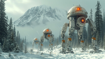 Snowy Sentinel, A lineup of towering robots in a snowy forest