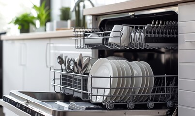 Opened dishwasher with cleaned plates in kitchen.