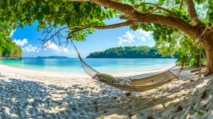 Tropical beach background. Beach hammock hangs on a palm tree over golden sand, calm sea or ocean...
