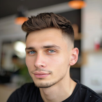 Portrait of attractive young man with new modern haircut low fade in hair salon generative ai