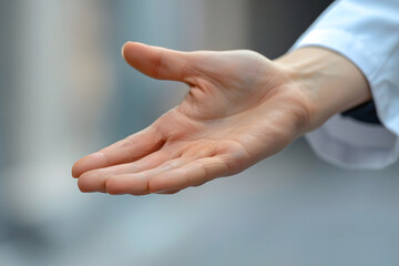 Close-up of female doctor extending hand for handshake gesture