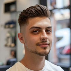 Portrait of attractive young man with new modern haircut low fade in hair salon generative ai