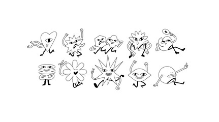 Fototapeta premium Vector illustration set of cartoon geometric shapes characters ?n retro style. Groovy stickers with different emotions for social media
