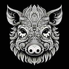 Boar Mandala Style Illustration, black and white