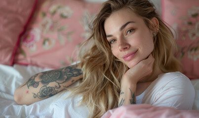 Naklejka premium European woman lying in bed, just woken up, looking sleepily at the camera