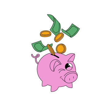 Vector illustration character pink money piggy bank with gold coins and green paper dollars. Smart smart investments concept