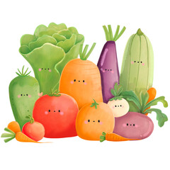 Fototapeta premium A group of vegetables in watercolor and cartoon style.