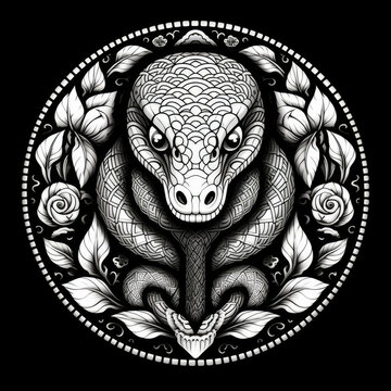 Python Mandala Style Illustration, black and white