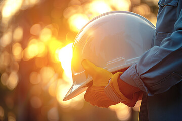 Technician holding white hat safety hard hat sunlight background 