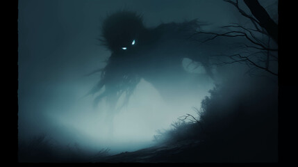 A mysterious demon shadow deep in the forest amidst thick fog.