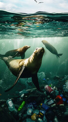 Sealions swimming in the ocean polluted with plastic waste