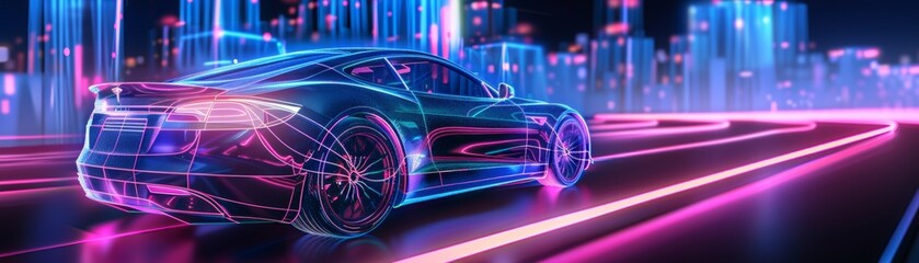 Augmented reality hologram to construct 3D model of high-tech electric vehicle, car futuristic...
