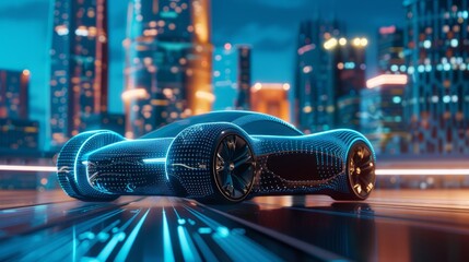Augmented reality hologram to construct 3D model of high-tech electric vehicle, car futuristic...