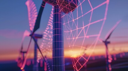 A wind turbine with digital wireframe hologram in futuristic concept, set against a beautiful sunset backdrop.