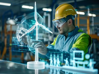 Engineer interacting with a wind turbine 3D holographic model in a modern industrial setting.