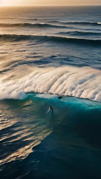 Aerial view of a blue ocean wave breaking with spray at sunset, white water tsunami wave rushing towards the camera, ocean white water textures,Vertical video,Social media story background
