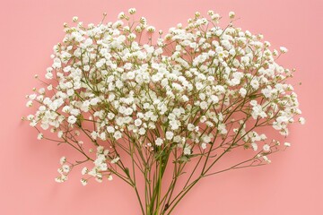 Beautiful bouquet of baby's-breath flowers with white heart shape on pink background