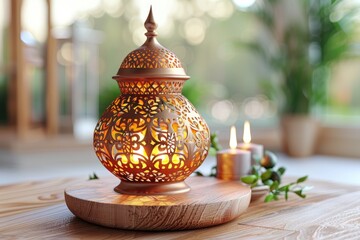 icon Ramadan lantern with crescent moon and podium as luxury islamic background greeting card design