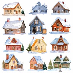KSWatercolor house with snow on the roof on a