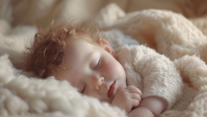 A peaceful, close-up shot of a sleeping baby covered with a soft, knitted blanket
