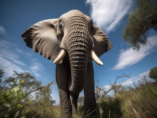 elephant in nature looks at the camera with a wide-angle lens, bottom view. freedom and protection of elephants