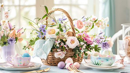 Obraz na płótnie Canvas Easter tablescape decoration, floral holiday table decor for family celebration, spring flowers, Easter eggs, Easter bunny and vintage dinnerware, English country and home styling