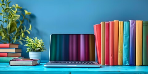 Technology meets education with laptop books and blue background in shot. Concept Technology, Education, Laptop, Books, Blue Background