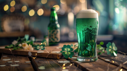 St Patrick's holiday party invitation, Irish St Patrick's day beer, ale glasses, snacks, appetizer, green burger and french fries generative ai - obrazy, fototapety, plakaty