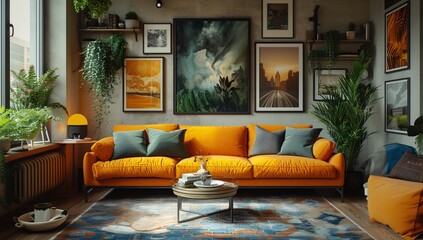 An inviting living room boasts a vibrant yellow couch adorned with throw pillows, surrounded by lush indoor plants and eclectic wall art