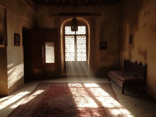 Warm sunlight filters through a decorative window, casting intricate shadows on the floor of a serene traditional room.