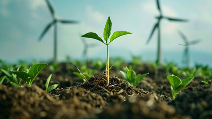 New life on earth: increasing environmental awareness. Close-up on a young plant emerging from a cluster of soil against a background of windmills giving clean energy. 