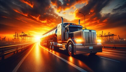 A semi truck with a tanker trailer driving on a highway against a backdrop of a dramatic fiery sunset and industrial cranes.