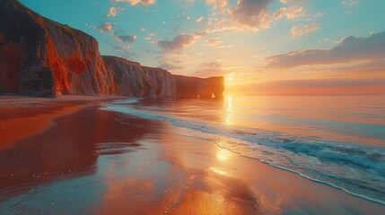 Setting Sun Over Beach and Cliffs