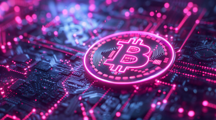 Bitcoin glows on neon circuit backdrop symbolizing blockchain mining and record highs, minimalist 