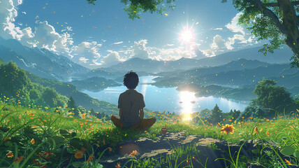 anime of a boy sitting in a grassy field at the top of a hill - obrazy, fototapety, plakaty